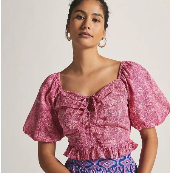 Banjanan Tops - Banjanan Puff-Sleeve Crop Top Size Small Anthropologie Pink Floral